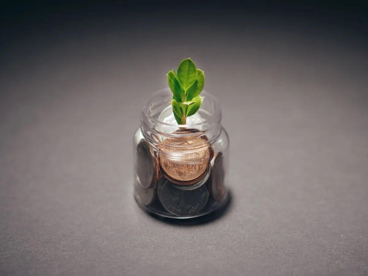A glass jar full of coins with a small plant sprouting from it, symbolizing growing your money by investing
